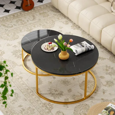 Image de MODFU Set de 2 tables basses rondes, tables gigognes, plateau MDF noir, cadre en métal doré, table d’appoint empilable pour salon