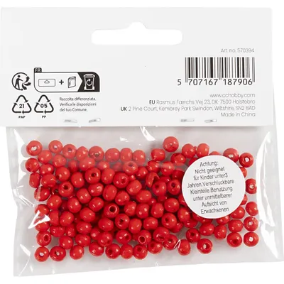 Produktbild von Holzperlen, D 5 mm, Lochgröße 1,5 mm, ca. 150 Stk, Rot, 6 g/ 1 Pck [HOB-570394]