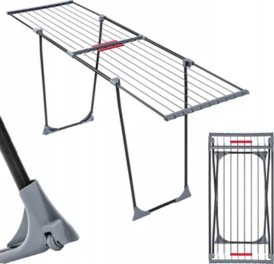 A large telescopic clothes drying rack is shown against a white background. A smaller, folded version of the rack is shown in the bottom right corner. A close-up of a wheel on the rack's leg is in the bottom left corner.