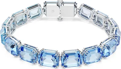 A bracelet with blue gemstones on a white background.