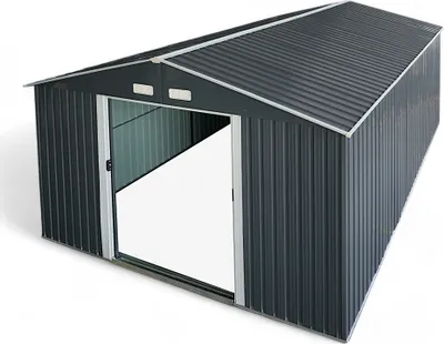 A dark gray metal shed with a large open double sliding door, shown from a slightly elevated diagonal angle against a white background.