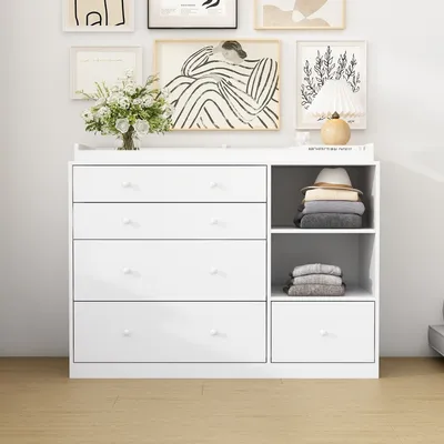Produktbild von Wickelkommode,Kommode mit 5 Schubladen,Wickelkommode mit offenem Bedientisch,Kommode mit Stauraum,Babymöbel Wickelregale für Babyzimmer,120*50*91.5cm