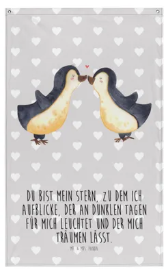 Produktbild von Mr. & Mrs. Panda Gobelin Pinguin Liebe - Grau Pastell - Geschenk, Freundin, Vertraut, Stoff Wandbild, Boho Wandteppich, Love, Liebesspruch, Geschenkidee, Tapestry