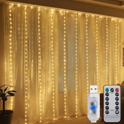 Produktbild von Salcar LED Lichterkette Lichtervorhang 3X3 m 200 LED Lichterkette Weihnachten USB mit Fernbedienung Timer 8 Modi für Fenster Hochzeit Party Deko