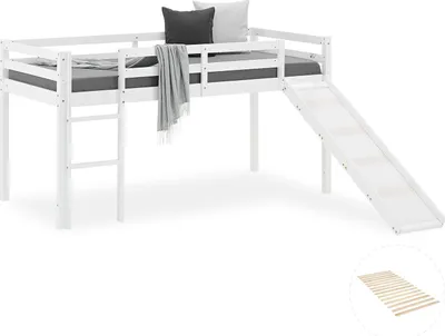 Obrázek produktu pro Dětská podkrovní postel Homestyle4u 90x200 bílá s roštem a skluzavkou