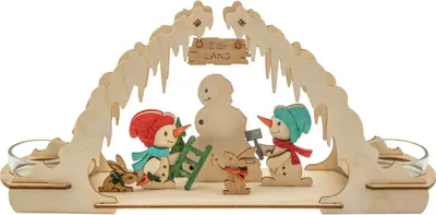 Holzfarbener Teelichtbogen mit Schneemänner