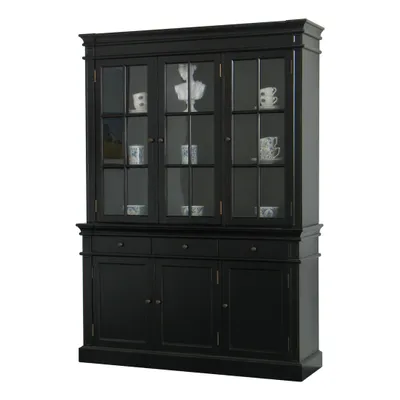 A black wooden display cabinet with glass doors and drawers.