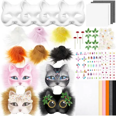 Produktbild von DIY Therian Masque Kit Blanko Katzen-Fuchs-Maske mit Filzstoffblatt Kunstfell-Augennetz Pelzige Tier-Ankleidemaske für Maskerade Halloween Party Cosplay