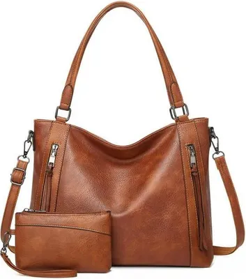 Produktbild von Damen-Handtasche aus Kunstleder, Tragetaschen-Set, kleine Schultertasche, Umhängetasche, Handtasche, 2-teilig, Braun