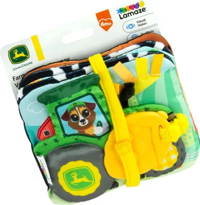 Obrázek produktu pro LAMAZE John Deere Buch Reise vom Bauernhof zum Tisch | Weiches Babyklappbuch mit farbenfrohen und schwarz-weißen Seiten, Knister- und Quietschgeräuschen, Bändern und Beißspielzeug | ab 6 Monaten