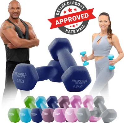 Produktbild von Miweba Sports Profi Neopren Hantel NKH100 | Hantelset - Kurzhanteln - Hexagon - Home Workout - Krafttraining - Anti Rutsch (Königsblau 2x 0,5 Kg)