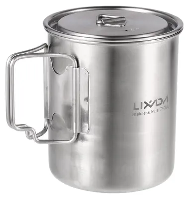 Immagine prodotto di tazza da 750 ml in acciaio inox per esterni - Con manici e coperchio pieghevoli, ideale per il campeggio e le escursioni a piedi