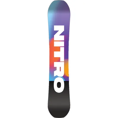 A snowboard with the brand name 'NITRO' printed vertically on it.