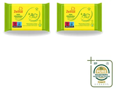 Imagen del producto de 2 paquetes de toallitas húmedas Zwitsal para bebés, formuladas para pieles sensibles, con 65 unidades por paquete. Paquete de 2 unidades