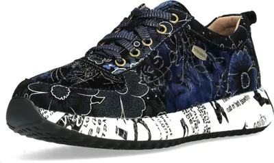 A single blue sneaker with a floral pattern and a white sole with text is shown against a white background.