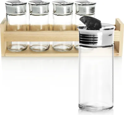 Produktbild von COM-FOUR® 6-teiliges Gewürzstreuer Set - Gewürzgläser mit Kunststoffdeckel im Holz-Regal - Salzstreuer und Pfefferstreuer im modernen Design