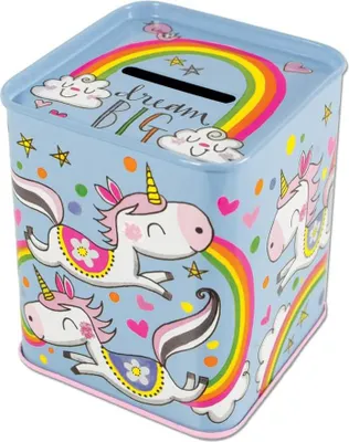 Produktbild von Spardose für Kinder mit Einhorn-Motiv, aus robustem Metall, bunt, 7,7 x 7,7 cm