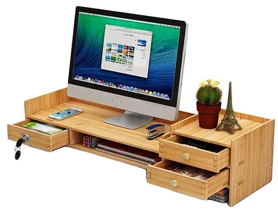 Image de Support pour écran, plateau en bois fin, 65,5 cm x 20 cm x 13,5 cm, 2,7 kg, espace de rangement, design ergonomique