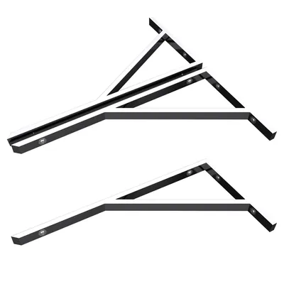 Two metal shelf brackets are shown against a white background.