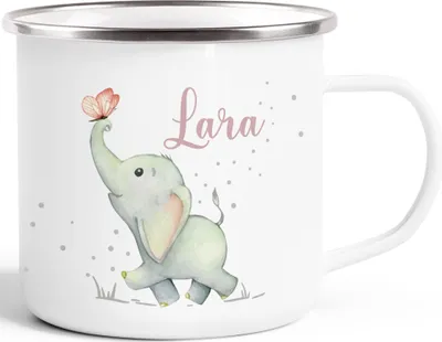 Produktbild von Kindertasse Emaille mit Namen Elefant Tiere Schmetterling personalisiert Namensgeschenke Jungen Mädchen SpecialMe® weiß-metall Emailletasse