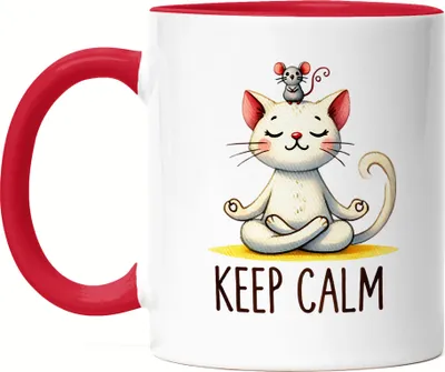 Produktbild von Keep Calm Tasse Rot Geschenkidee für Yoga-Fans und Katzenliebhaber