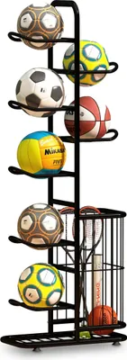 Zdjęcie produktu dla Stojak na piłki Relaxdays, 7 piłek, z koszem, metalowy, wys. x szer. x gł.: 146 x 58 x 23,5 cm, stojak na piłki do koszykówki i piłki nożnej, czarny