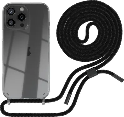 Produktbild von EAZY CASE Handykette für Apple iPhone 16 Pro Max, Clear Case aus Silikon, mit Umhängeband, abnehmbare Endstücke, Handyband in Schwarz
