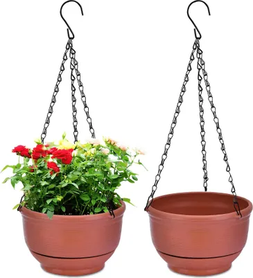 Image de lot de 2 pots de fleurs suspendus avec plateau amovible, panier de pots de fleurs auto-absorbant extérieur intérieur pots de fleurs maison balcon jardin décoration, rouge brique, diamètre 23.4cm