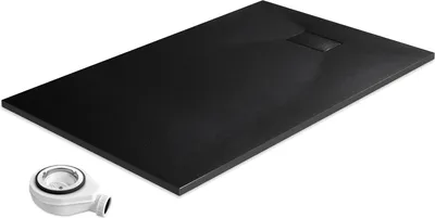 Produktbild von EMKE Duschwanne, Schwarz, 140x90 cm, Rechteckig, Flach, Steinoptik, Rutschfest, inkl. Ablaufgarnitur mit Haarsieb & Geruchsstop, Schnelle Entwässerung