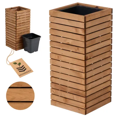 Produktbild von Blumenkasten für innen und außen Pflanzen-Übertopf aus Holz mit Kunststoff-Pflanzeneinsatz 18 l Blumentopf eckig für Balkon oder Terrasse
