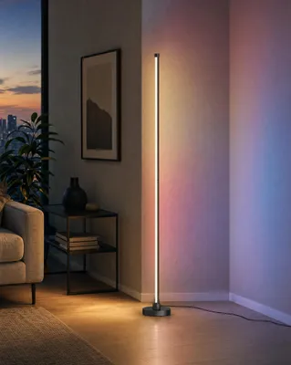 Image de Lampe d'angle LED, lampe sur pied de 147,5 cm, RGB et blanc chaud, avec capteur de son et télécommande - Couleur : Noir