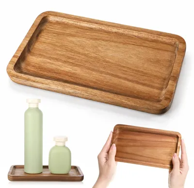 Image de Plateau de service rectangulaire en bois, idéal pour servir des plats et des boissons. Dimensions : 19 x 10,5 cm