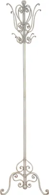 A white coat rack with decorative scrollwork.