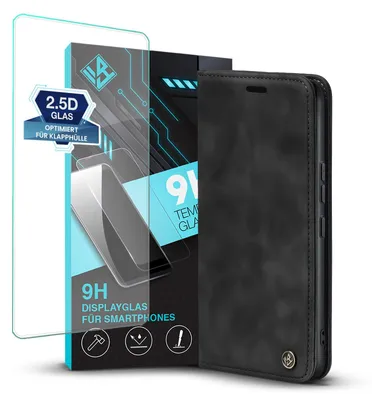 Produktbild von Handy Hülle für Xiaomi Redmi Note 8 mit 9H Displayglas Klapphülle Bookcase Flip Cover Handy Tasche Etui Farbe: Schwarz