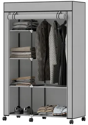 Produktbild von Tragbarer Kleiderschrank aus Vliesstoff und Stahl mit Rollen, 6 offenen Regalb?den, Kleiderbš¹gel, Hellgrau