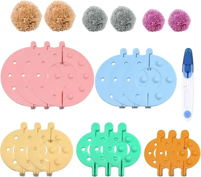 Imagen del producto de Kit para hacer pompones, 15 piezas, 4 tamaños, 5 colores, reutilizable, ideal para manualidades