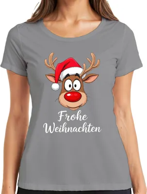 Produktbild von Frohe Weihnachten Rentier Rudolf Cartoon Niedlich Lustig Geschenk Damen T-Shirt, Grau, L