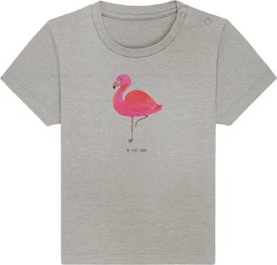 Produktbild von Mr. & Mrs. Panda Organic Baby Shirt Flamingo Classic 6. - 12. Monat - Heather Grey - Geschenk, Tochter,  T-Shirt, Ich, Spruch, Rosa, Prächtig, Kinder, Freundin, Stolz