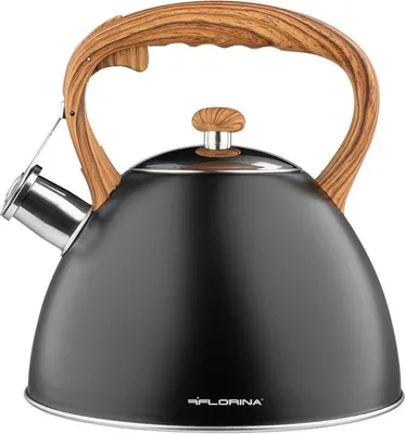 Produktbild von FLORINA Wasserkessel (2,5 l) | Edelstahl Teekessel FRANK | Flötenkessel mit Holzgriff | Automatischer Pfiff | Wasserkocher für Induktionsherd, Gasherd und Elektroherd | Farbe: Schwarz