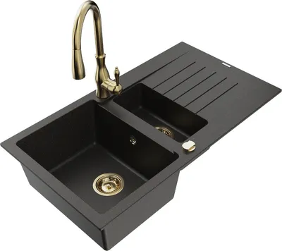 Produktbild von Mexen Matias 1,5-Becken-Granitspüle mit Abtropffläche und Mischbatterie Savita, Schwarz/Gold - 6502-75-672601-50