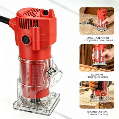 Produktbild von AIORBER Oberfräse 700W Elektrische Einhandfräse 30000 U/min Kantenfräse 6,35mm mit Transparenter Basis für Holzbearbeitung Nuten Rot Schwarz