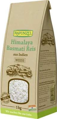 Produktbild von Rapunzel Himalaya Basmati Reis weiß 1000 g, Reiskorn, 1 kg, Indien, 363 kcal, 1540 kJ, 1,2 g