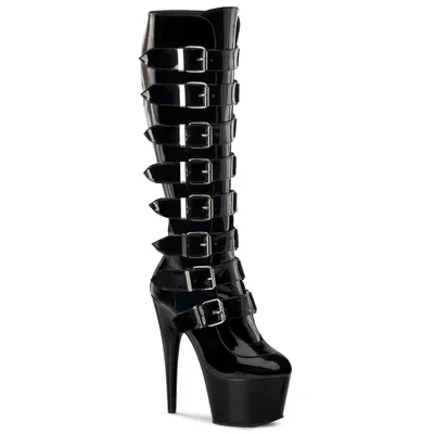 A single black patent leather boot with multiple buckles and a platform sole, shown against a white background.