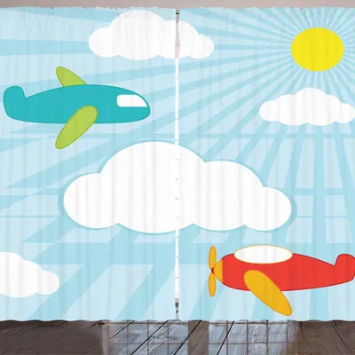 Produktbild von ARANDE Nursery Flugzeug Gardine, Retrostil scherzt Karikatur-Muster mit Flugzeug-Sonnenschein und weißen Wolken, 280 x 175 cm, Mehrfarbig
