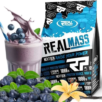 Productafbeelding van RealPharm Real Mass GAINER Eiwit 1000g: Koolhydraten voor het opbouwen van spiermassa. Smaak: Bosbessen-vanille