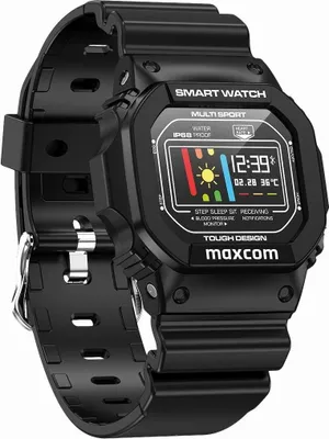 A black smartwatch with a digital display showing time, date, temperature, and weather icons.