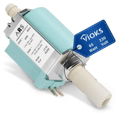 A close-up view of an electronic component, likely a pump or valve, with a product label and a brand tag attached.