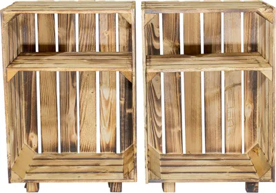 Two wooden crates with shelves, presented side-by-side against a white background.