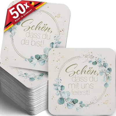 Produktbild von 50 Bierdeckel Schön, dass du da bist, Greenery Efeu, Hochzeit gold grün quadratisch