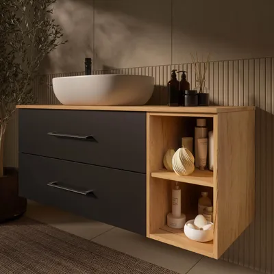 Produktbild von Planetmöbel LUX Badmöbel-Set Waschbecken mit Unterschrank 120 cm Gold Eiche/Anthrazit hängend & Aufsatz-Waschbecken 60 cm Weiß